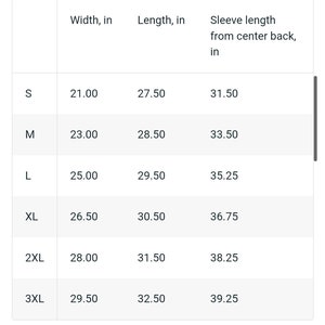 May include: Size chart showing width, length, and sleeve length measurements in inches for sizes S, M, L, XL, 2XL, and 3XL.