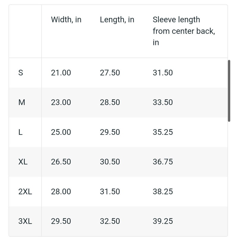 May include: Size chart showing width, length, and sleeve length measurements in inches for sizes S, M, L, XL, 2XL, and 3XL.