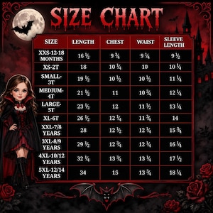 May include: A size chart table with a dark gothic theme featuring a full moon, a bat, a castle, and red roses. The chart lists sizes from XXS-12-18 months to 5XL-12/14 years with columns for length, chest, waist, and sleeve length in inches.