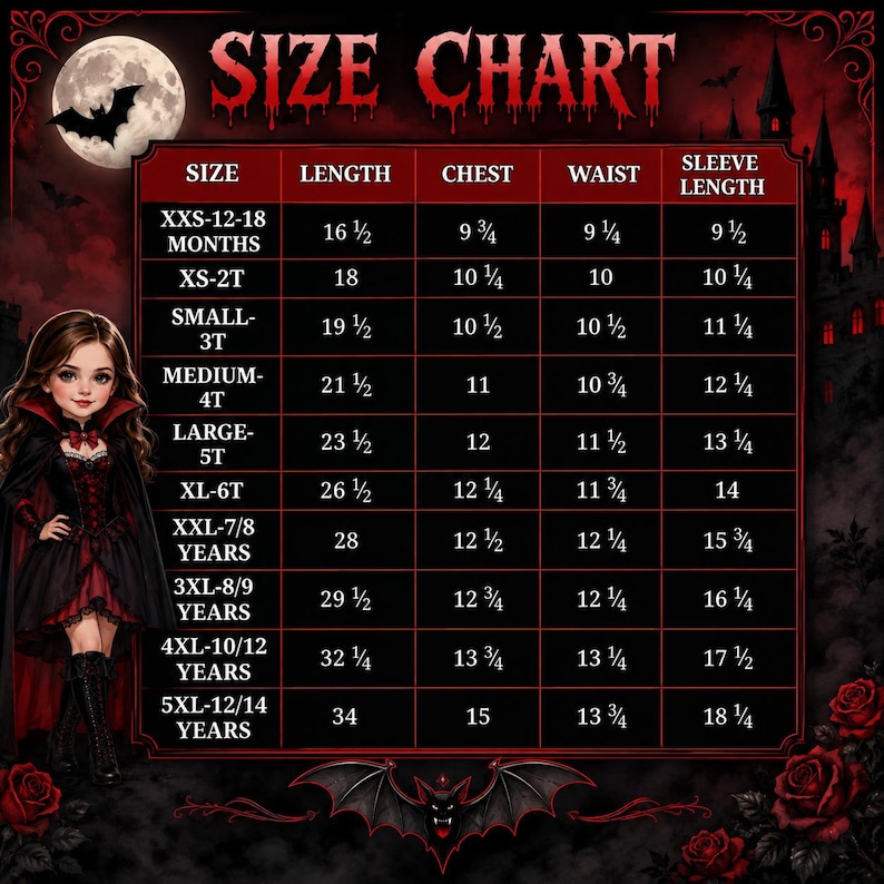 May include: A size chart table with a dark gothic theme featuring a full moon, a bat, a castle, and red roses. The chart lists sizes from XXS-12-18 months to 5XL-12/14 years with columns for length, chest, waist, and sleeve length in inches.