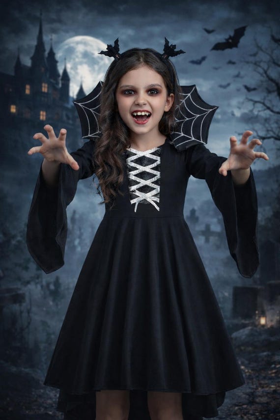 RESTOCKED! Girls/Toddler Vampire Queen Costume, Dress & Vampire Collar Complete Halloween Costume Outfit, Fancy Black Vampire Costume
