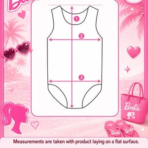 May include: A pink Barbie-themed graphic with a diagram of a swimsuit and measurement instructions. The diagram shows length, chest, and waist measurements. The Barbie logo and accessories like sunglasses and a tote bag are also visible.