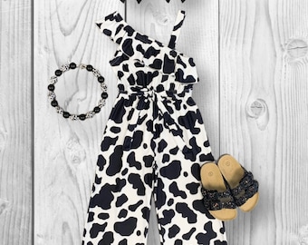 RESTOCKED! Girls/Toddler/Baby Cow Print One Shoulder Jumpsuit, 6 12 18 Months 2T 3T 4T 5 6 7 8 10 12 14 16 Years, Ranchy, Western, Cowgirl