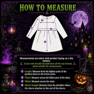 May include: A white line drawing of a long-sleeved dress with numbered arrows indicating measurement points. Text reads: HOW TO MEASURE. Measurements are taken with product laying on a flat surface. 1 Length, 2 Chest, 3 Waist, 4 Sleeve length.