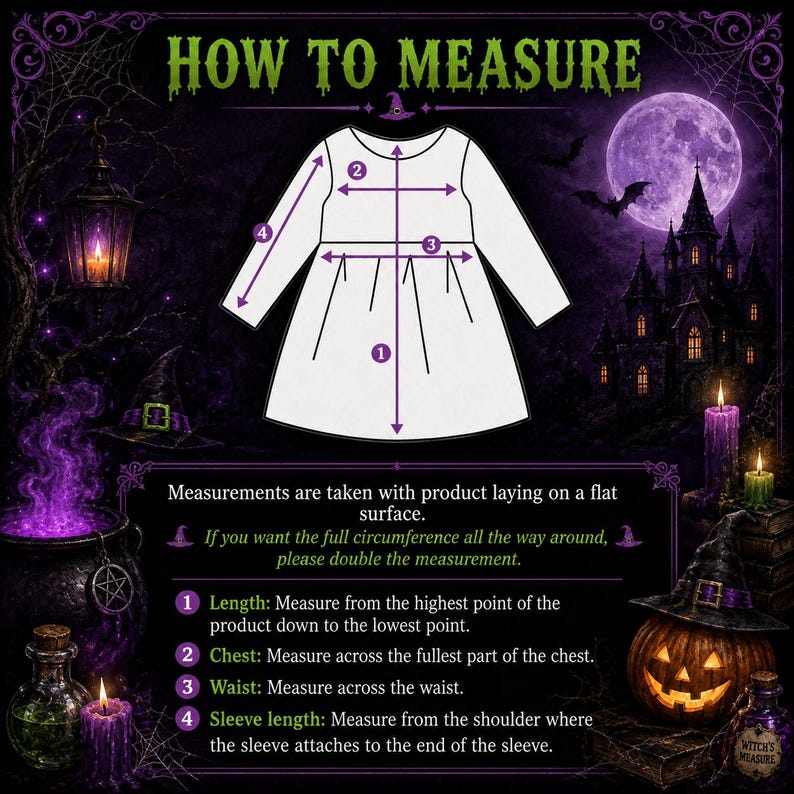 May include: A white line drawing of a long-sleeved dress with numbered arrows indicating measurement points. Text reads: HOW TO MEASURE. Measurements are taken with product laying on a flat surface. 1 Length, 2 Chest, 3 Waist, 4 Sleeve length.