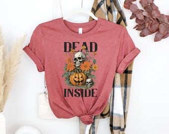 Women's "Dead Inside" Vintage Halloween Unisex Fit Jersey Short Sleeve Tee In The Color Heather Clay, Fall Shirt, Autumn T-shirt, Funny