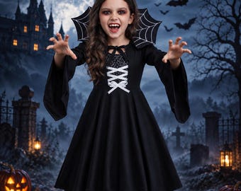 May include: A black vampire-themed dress featuring long flared sleeves, a high collar with a white spiderweb pattern, and a bodice with a white lace-up corset detail. The dress has a sequined upper chest panel and a solid black skirt.