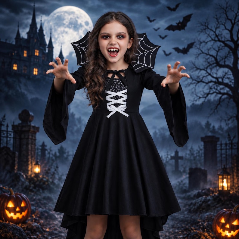 May include: A black vampire-themed dress featuring long flared sleeves, a high collar with a white spiderweb pattern, and a bodice with a white lace-up corset detail. The dress has a sequined upper chest panel and a solid black skirt.
