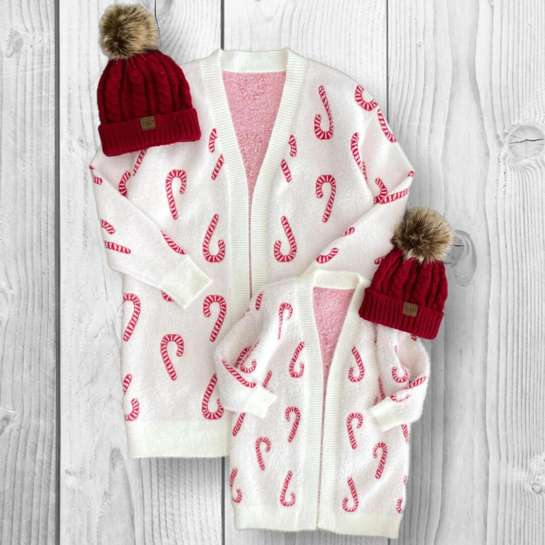 Knitted Cardigan with Candy Cane Pattern - Pink