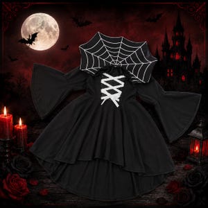 May include: A black dress featuring a large, pointed collar with a white spiderweb pattern, long flared sleeves, and a white lace-up corset-style detail on the bodice. The skirt has a high-low hemline, creating a distinct silhouette.