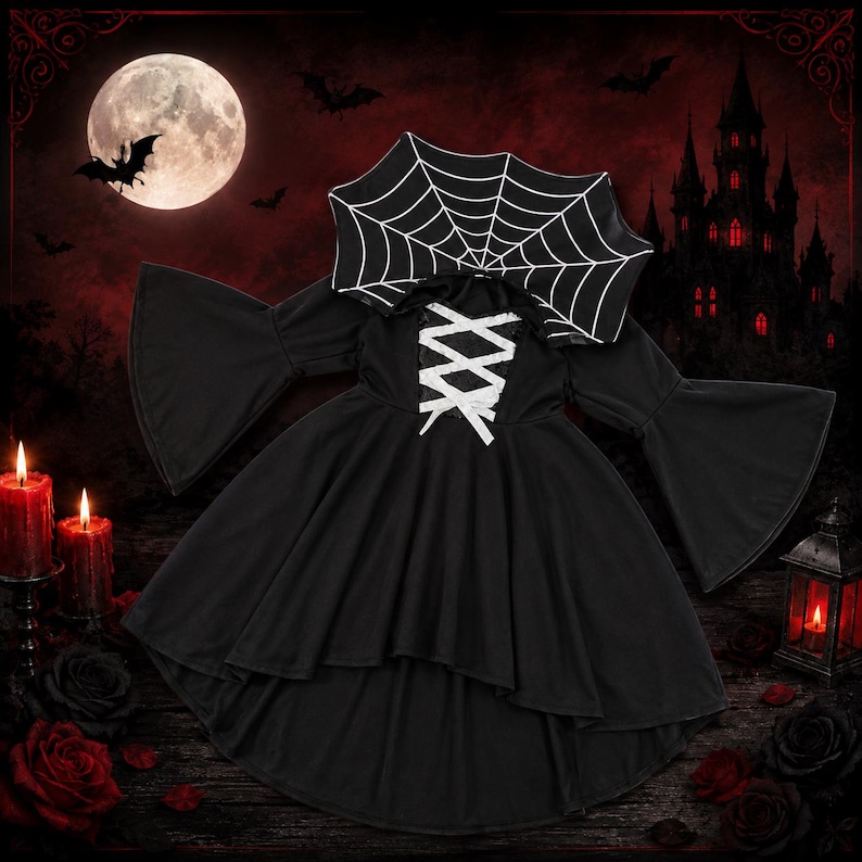 May include: A black dress featuring a large, pointed collar with a white spiderweb pattern, long flared sleeves, and a white lace-up corset-style detail on the bodice. The skirt has a high-low hemline, creating a distinct silhouette.