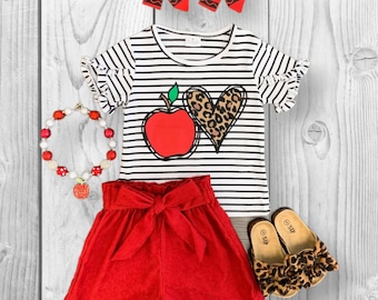 RESTOCKED! Girls/Toddler Striped Apple Corduroy Short Set, 3T 4T 5 6 7 8 10 12 14 Years, Back To School Outfit, Leopard, First Day Of School