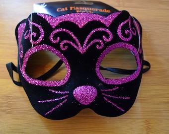 Kitty MASQUERADE ABDECKMASKE Verkaufsfilz Schwarz & Hot Pink Party Katzengesicht Kostüm FreshSpun