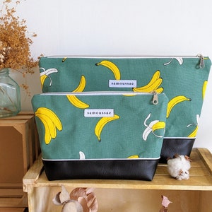 Trousse de toilette en coton et simili cuir, motif Banane, homme ou femme, pochette grande contenance, grands flacons et bouteilles
