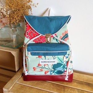 Sac à dos enfant fille en coton et simili cuir - Hortensia et fleurs - Sport, activités, gouter, change, doudou, jouet ...