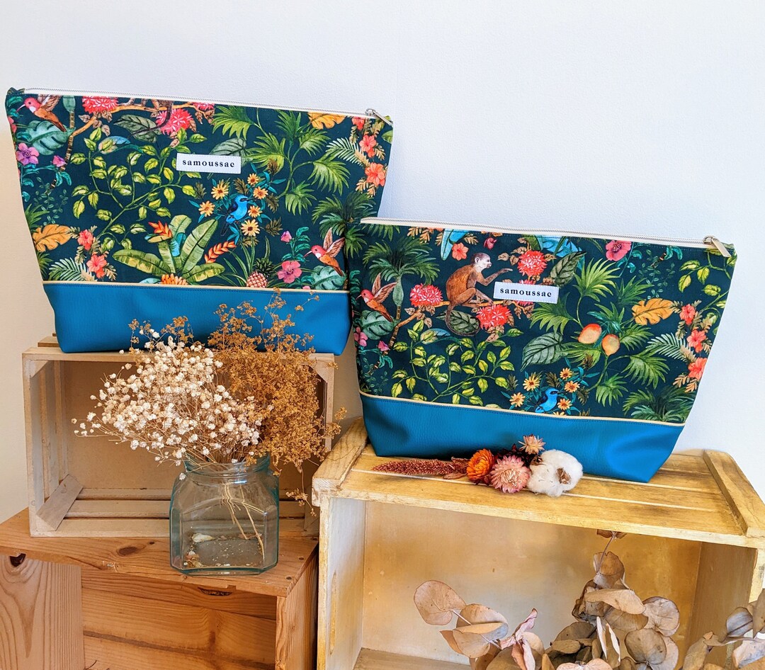 Maxi XXL Toiletry Bag in Cotton and Imitation Leather Jungle Pattern