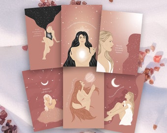 Zelfliefde miniafdrukken set van 6, affirmatie kunstkaarten, spiritueel cadeau voor vrouwen, hemelse muurdecoratie, cadeau geestelijke gezondheid, A6 briefkaartkunst