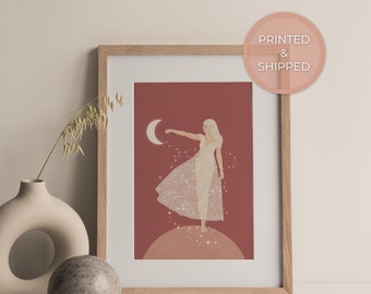 Celestial Goddess| Woman and Moon Illustration Print| Spiritual Wall Art| Home Decor| Giclée Wall Art| Stars, Inspirational, Divine Feminine