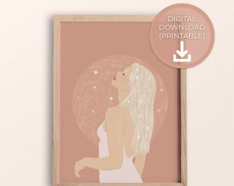Moon Goddess Woman Art Print | Celestial Home Decor (Digital Download)