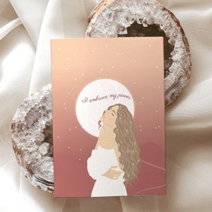 Deusa da Lua Cheia | Impressão de Ilustração de Arte Feminina | Cartão de Afirmação Positiva | Arte de Amor Próprio | Feminino Divino | Decoração Espiritual, Celestial, Estrelas