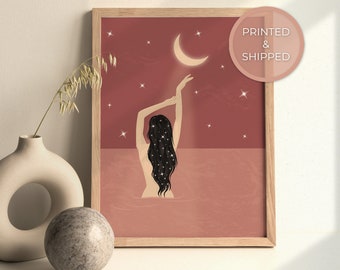 Celestial Room Decor| Woman and Moon Art Print| Feminist Art|Illustration Print| Pink Home Decor| Giclée Wall Art | Spiritual Gift For Woman