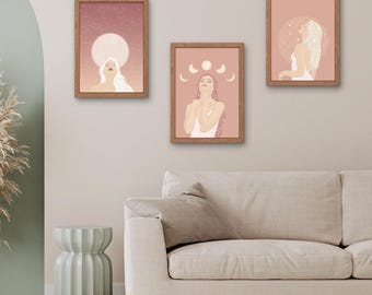 Maanfasen muur kunstbundel, afdrukbare set maangodin, hemelse digitale kunst, Witchy Home Decor wordt afgedrukt, goddelijke vrouwelijke bundel downloaden