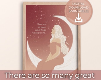 Arte de parede para impressão da Deusa da Lua Crescente | Arte Rosa Feminina Divina | Decoração de parede com tema de bruxa | Arte de parede positiva | Arte do universo | Saúde mental