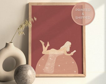 Woman Reading| Woman Art Print| Moon Wall Art| Celestial Spiritual Artwork| Witchy Home Decor| Stars,Magic,Book Lover Gift| Giclée Wall Art