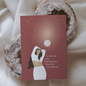 Cartão postal ilustrado de saúde mental A6 | Ilustração de mulher | Arte de amor próprio | Afirmação positiva | Feminino divino | Decoração de bruxa, impressão celestial