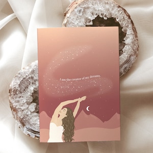 Tarjeta de afirmación positiva/Arte de mujer/Decoración de altar de meditación celestial/Obra de arte femenino espiritual divino/Arte de energía de luna creciente/Postal A6