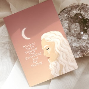 Scheda di salute mentale/Decorazione dell'altare della strega celeste/Citazione di mentalità di pensieri positivi/Arte dell'amore per se stessi/Cartolina illustrata della dea/Regalo consapevole