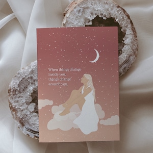 Illustrazione di donna, cartolina A6/Mini stampa di affermazione positiva/Citazione ispiratrice e sognante/Divino femminile/Spirituale, Luna crescente, Celeste