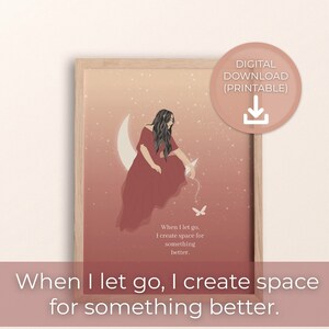 Positive Affirmation Wall Art| Woman Illustration Print |Inspirational Celestial Quote|Divine Feminine | Crescent Moon Art,Mental Health Art