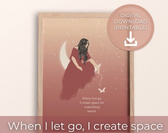 Positive Affirmation Wall Art| Woman Illustration Print |Inspirational Celestial Quote|Divine Feminine | Crescent Moon Art,Mental Health Art