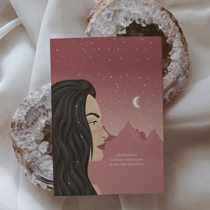 Confie na sua intuição Mini impressão de arte | Ilustração de mulher A6 cartão postal | Arte feminista | Afirmação positiva | Feminino divino | Decoração de bruxa, celestial
