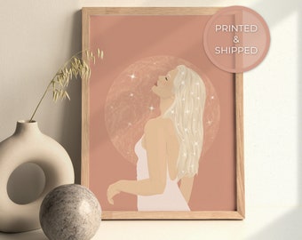 Moon Goddess Wall Art | Celestial Witchy Wall Art | Spiritual Home Decor | Woman And Moon Art | Moon Illustration | Divine Feminine