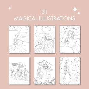 Op de afbeelding: Een set van zes zwart-wit illustraties met vrouwen met hemelse en bloemmotieven. De illustraties bevatten citaten zoals "Ontmoet me waar de vallende sterren leven" en "Hemel boven, vrede binnenin".