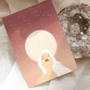 Impressão de arte da Deusa da Lua Cheia | Cartão postal celestial A6 | Decoração de sala de meditação | Arte espiritual feminina | Impressão de ilustração | Arte de parede feminina divina