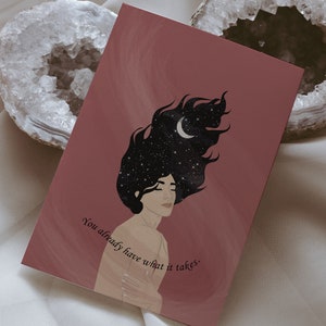 Carte postale A6| Illustration de femme | Loi de l'attraction| Art spirituel| Affirmation positive | Carte pleine conscience|Étoiles, sorcière, céleste, lune