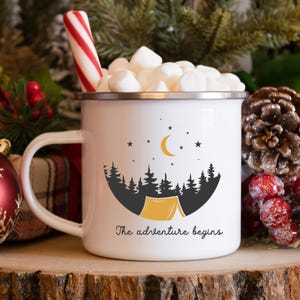 Personalized Couples Mug Camping Theme Engagement Gift Custom Mug Anniversary Gift Couples Adventure Gift Mountain 12oz Enamel Camping Mug