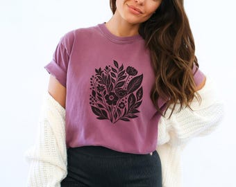 Floral Linocut Shirt Abstract Linocut Botanical Scandinavian Folk Art Gift for Her Spring Floral Unisex Comfort Colors Tshirt