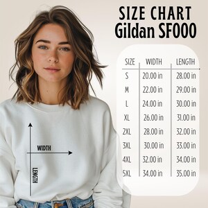 Puede incluir: Tabla de tallas para sudaderas Gildan SF000, que muestra las medidas de ancho y largo en pulgadas para las tallas S a 5XL.