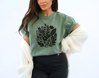 Floral Linocut Print T-shirt Abstract Linocut Botanical Scandinavian Folk Art Gift for Her Spring Floral Unisex Comfort Colors Tshirt