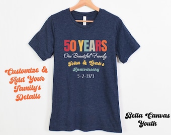 Camisa de tamaño juvenil del 50 aniversario, camisas familiares personalizadas, fiesta de aniversario de 50 años, camiseta de manga corta juvenil Bella Canvas