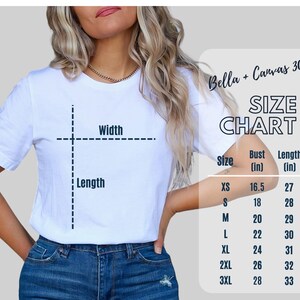 K&ouml;nnte beinhalten: Gr&ouml;&szlig;entabelle f&uuml;r Bella + Canvas 3001 T-Shirts, mit Brust- und L&auml;ngenma&szlig;en in Zoll f&uuml;r die Gr&ouml;&szlig;en XS bis 3XL.