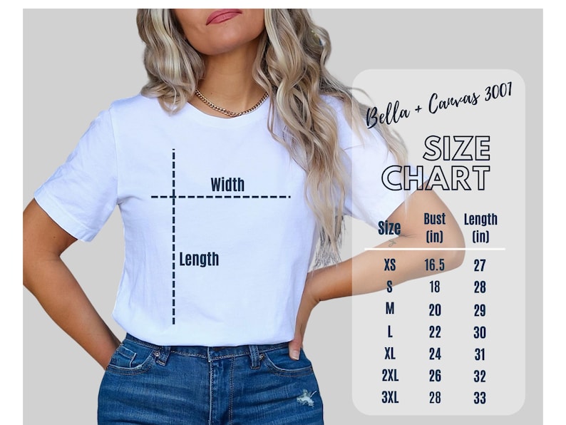 K&ouml;nnte beinhalten: Gr&ouml;&szlig;entabelle f&uuml;r Bella + Canvas 3001 T-Shirts, mit Brust- und L&auml;ngenma&szlig;en in Zoll f&uuml;r die Gr&ouml;&szlig;en XS bis 3XL.