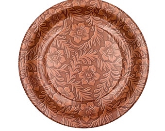 Floral Tooled Leather Paper Dinner Plates (Pack of 8)