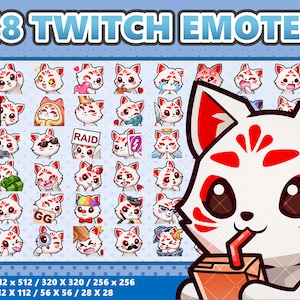 Lot de 48 émoticônes Kitsune Kawaii - Twitch | Discorde | YouTube | Streamer | Mignon | Numérique