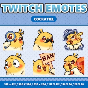 Paquete de 8 emoticones kawaii de cacatúas: Twitch, Discord, YouTube, Streamer, Lindo, Digital