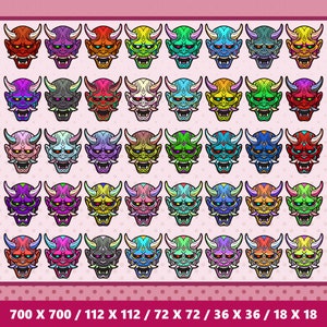 May include: A digital illustration of 36 colorful Japanese Oni masks with horns, fangs, and different facial expressions. The masks are arranged in a grid pattern.